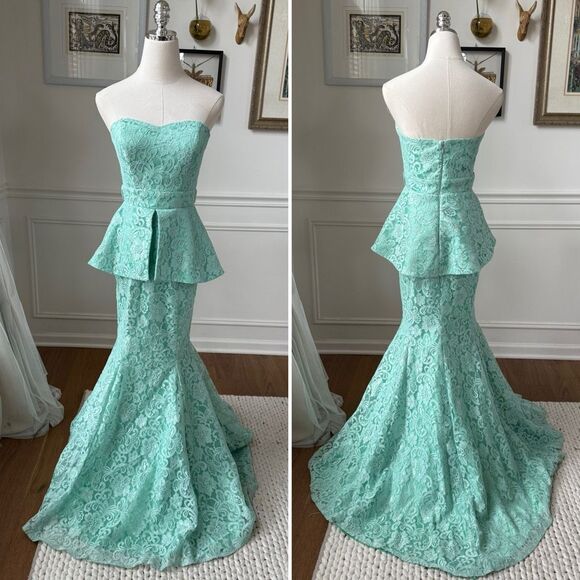Vienna Mint Green Lace Peplum Mermaid Formal Gown XS 2